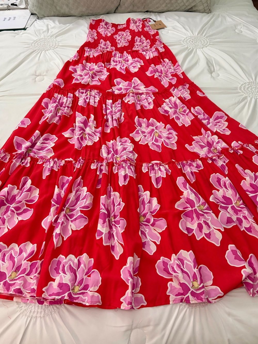 NWT New Anthropology Abel The Label Strapless Red  & Pink Floral Maxi Dress XL - Picture 8 of 16